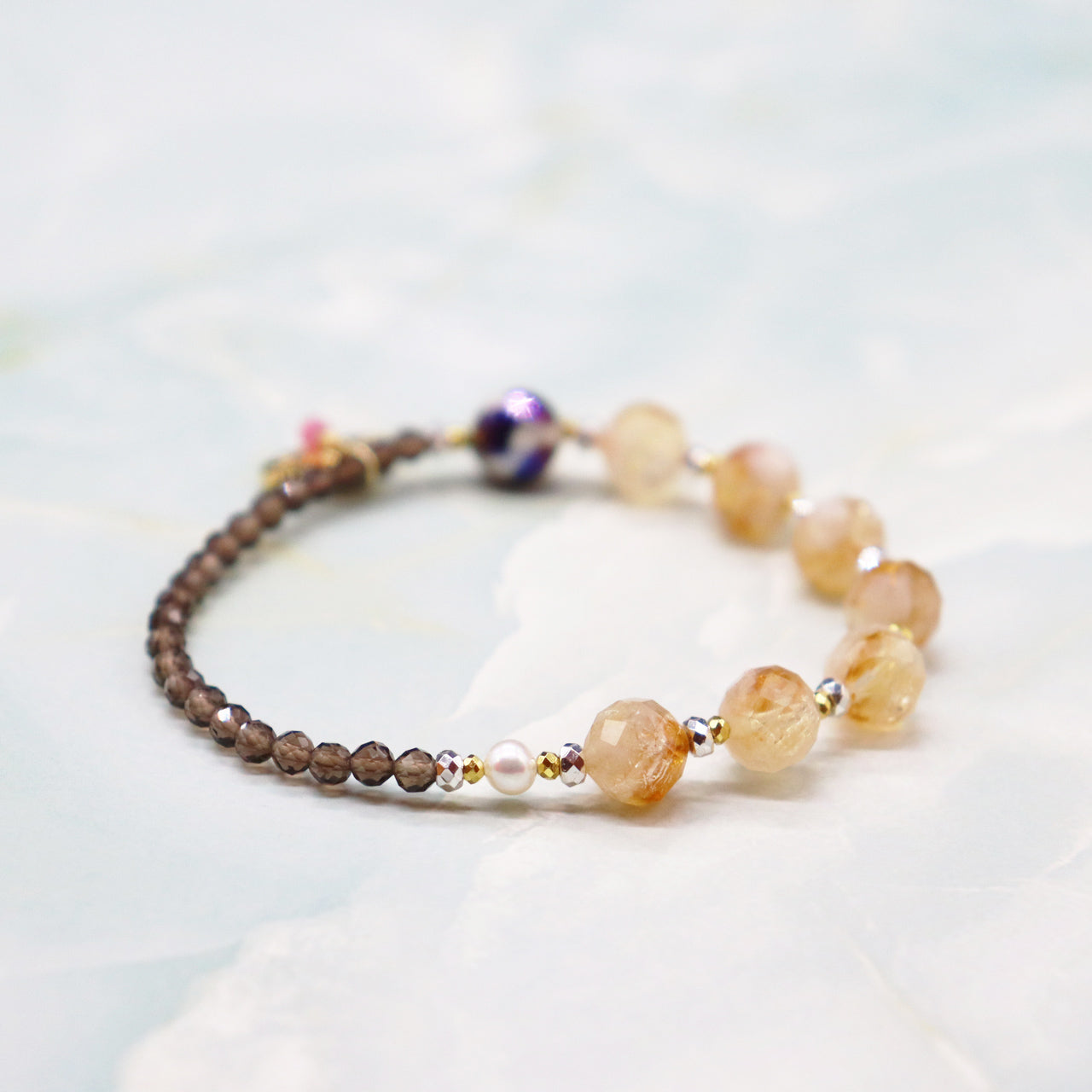 【Like a Honey Candy】亀甲天珠×シトリン×パール×スモーキークォーツ ブレスレット