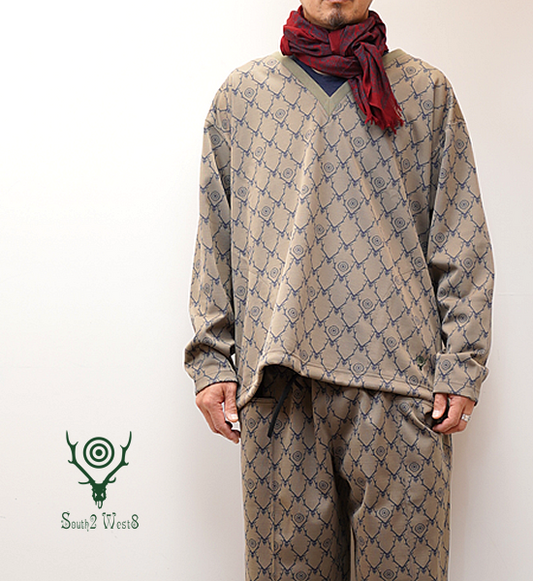 【South2 West8】サウスツーウエストエイト String V Neck Shirt-Poly Jq./Skull&Target "Khaki"