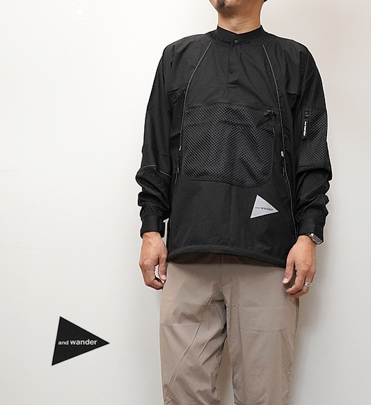 【and wander】アンドワンダー men's breath rip pullover jacket "Black"