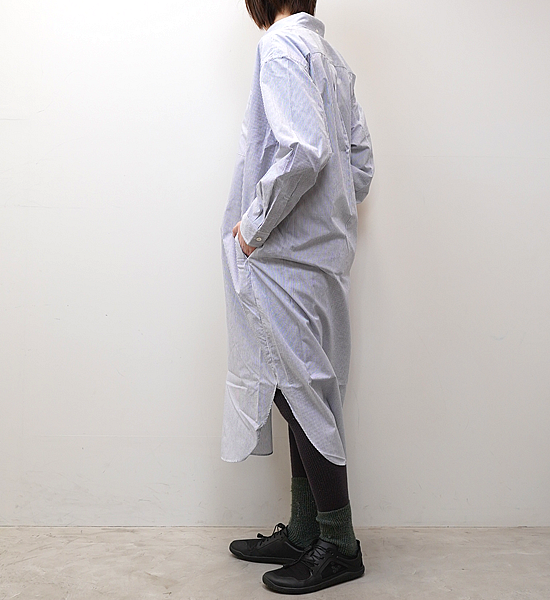 【nanamica】ナナミカ women's Button Down Stripe Wind Shirt Dress "Navy"