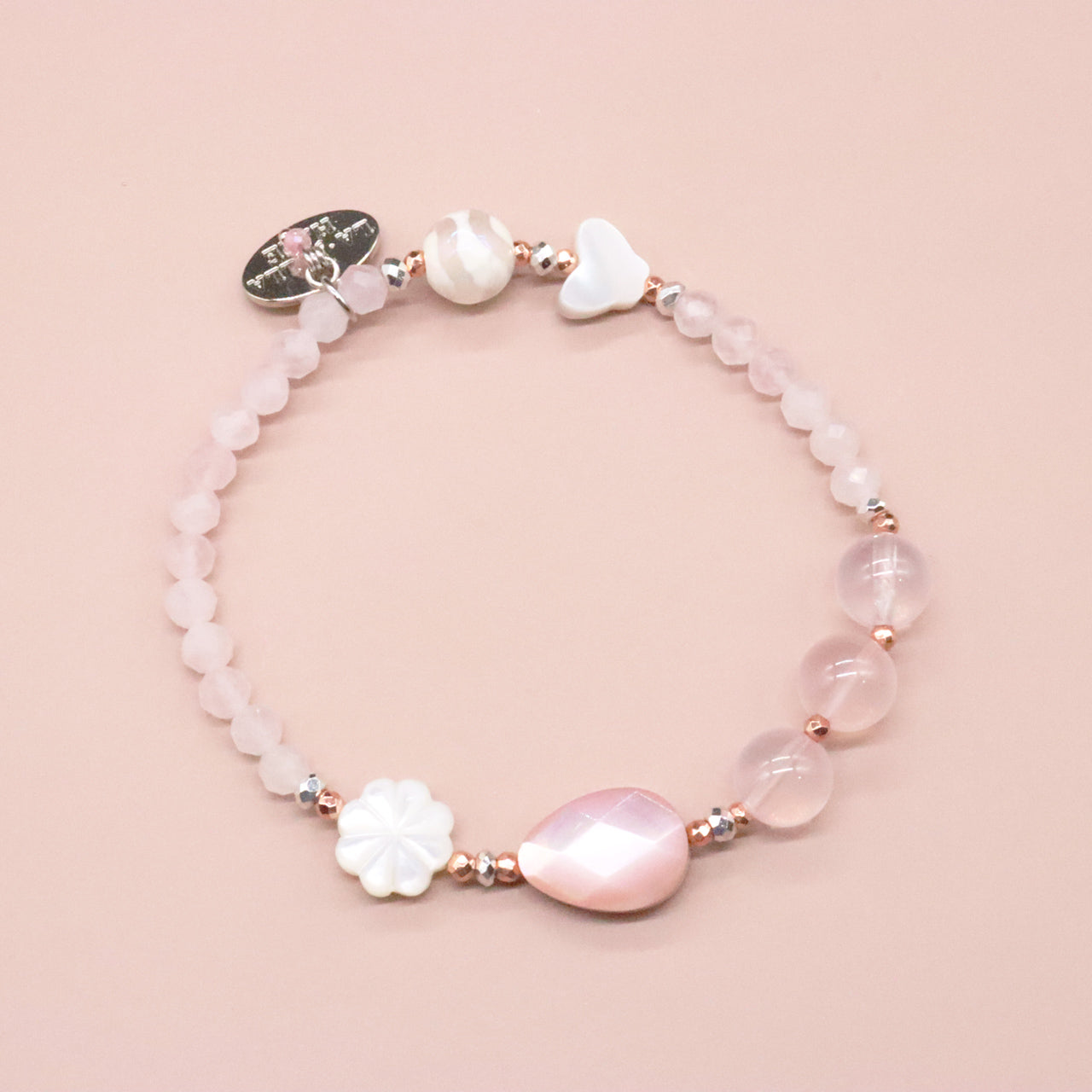 【Pink! Pink! Pink!】水紋天珠×ローズクォーツ×ピンクシェル×マザーオブパール ブレスレット