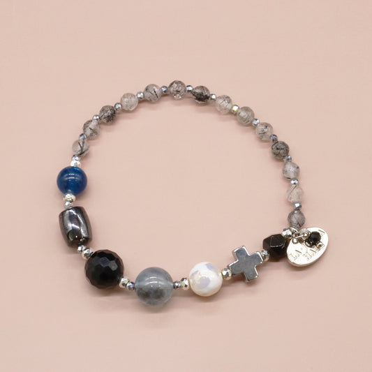 【・MA・YO・KE・】亀甲天珠×モリオン×ブラックアクアマリン×ブラックルチルクォーツ ブレスレット