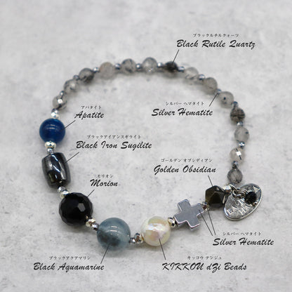 【・MA・YO・KE・】亀甲天珠×モリオン×ブラックアクアマリン×ブラックルチルクォーツ ブレスレット