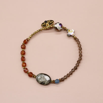 【La・Fall Marrón】亀甲天珠×オレンジガーネット×モスコバイト×アバロニシェル×スモーキークォーツ ブレスレット