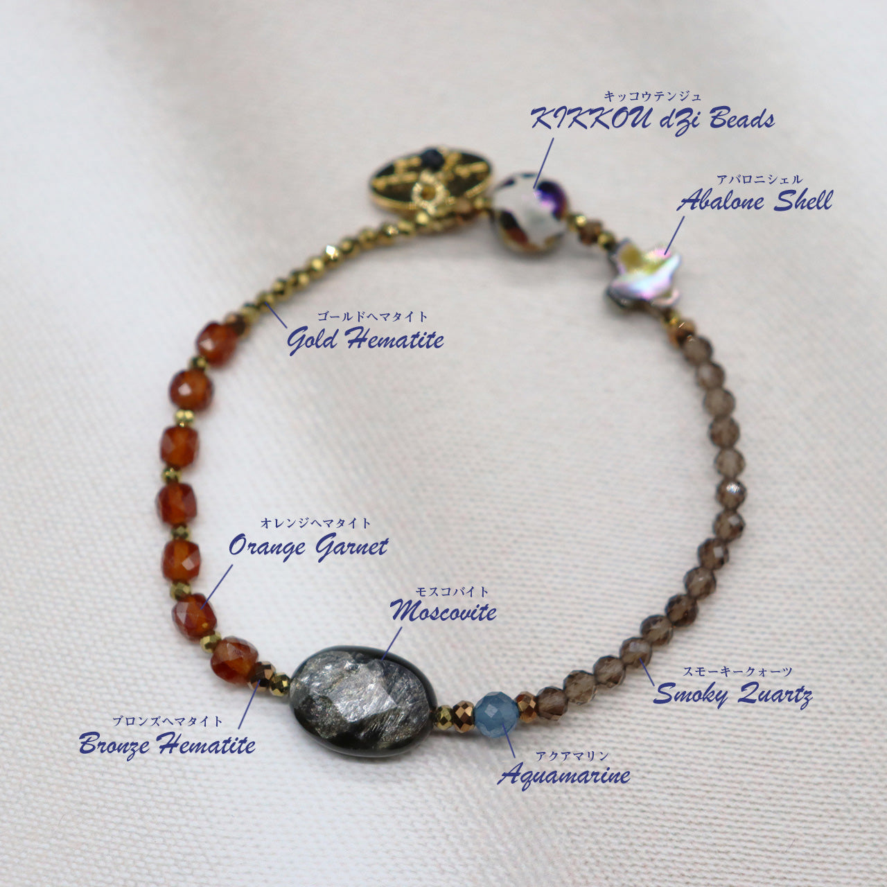 【La・Fall Marrón】亀甲天珠×オレンジガーネット×モスコバイト×アバロニシェル×スモーキークォーツ ブレスレット