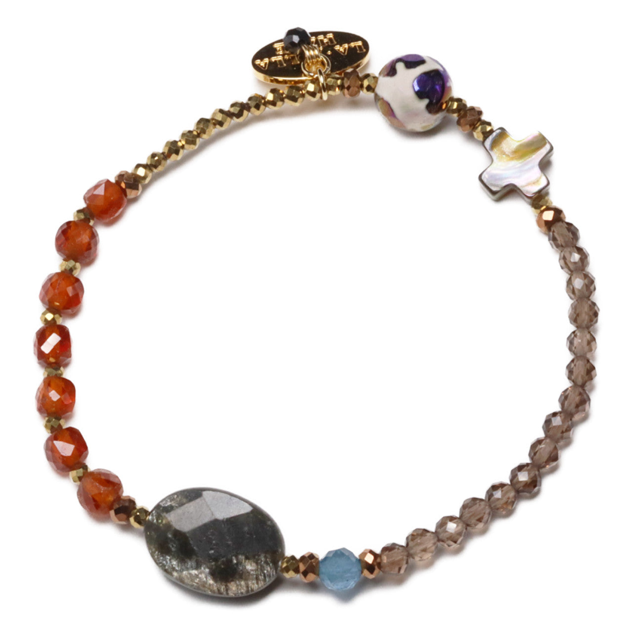 【La・Fall Marrón】亀甲天珠×オレンジガーネット×モスコバイト×アバロニシェル×スモーキークォーツ ブレスレット