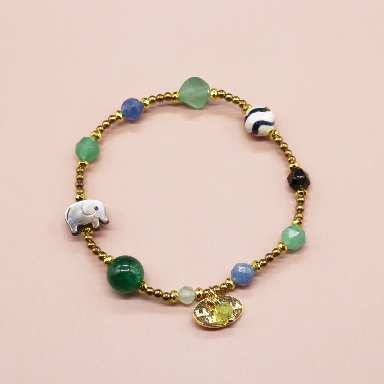【Longing for Jaipur】水紋天珠×グリーンアベンチュリン×ブラックシェル ブレスレット