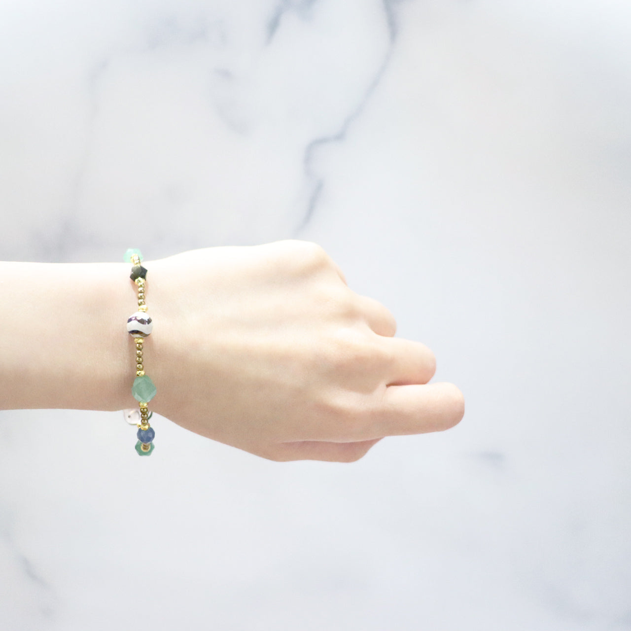 【Longing for Jaipur】水紋天珠×グリーンアベンチュリン×ブラックシェル ブレスレット