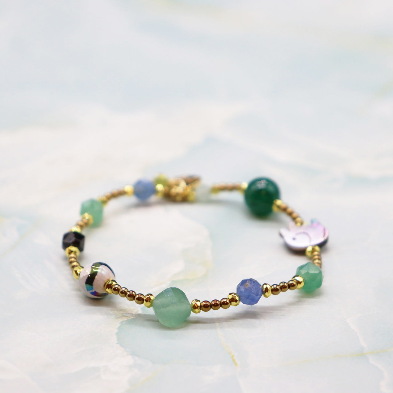 【Longing for Jaipur】水紋天珠×グリーンアベンチュリン×ブラックシェル ブレスレット
