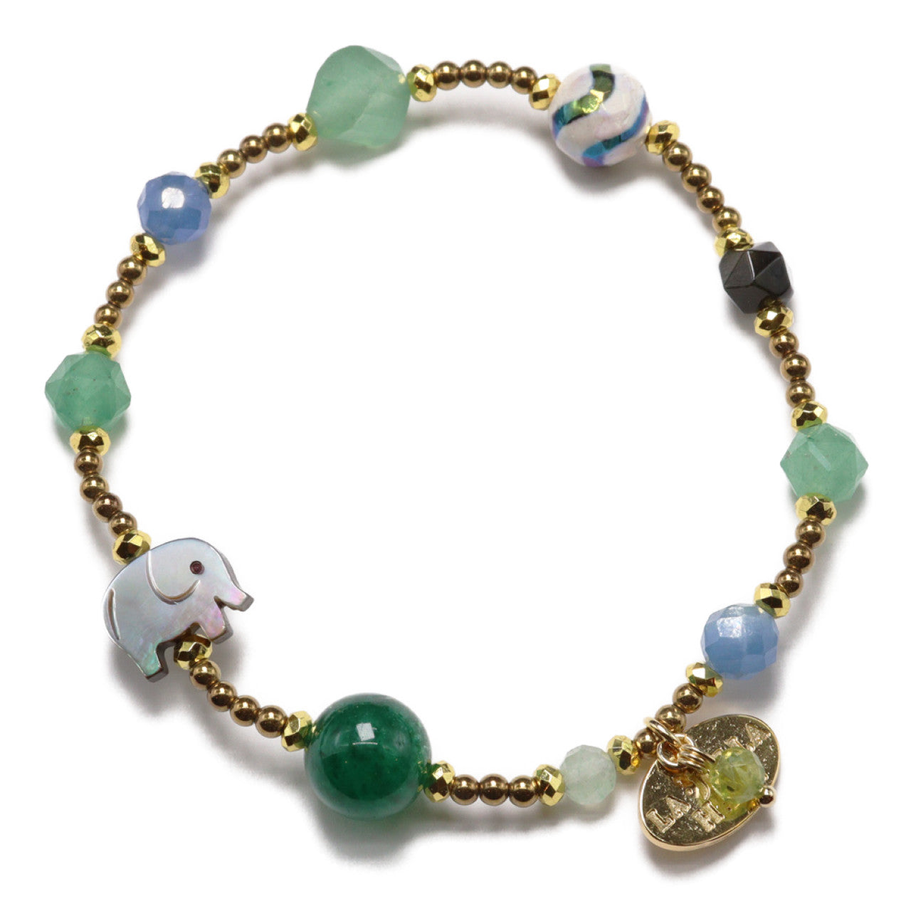 【Longing for Jaipur】水紋天珠×グリーンアベンチュリン×ブラックシェル ブレスレット