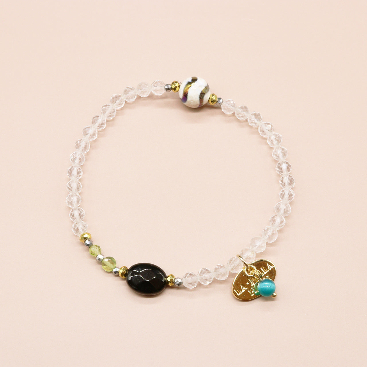 【Green Light Sunshine】水紋天珠×ペリドット×オニキス×水晶 ブレスレット