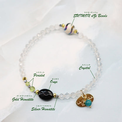 【Green Light Sunshine】水紋天珠×ペリドット×オニキス×水晶 ブレスレット