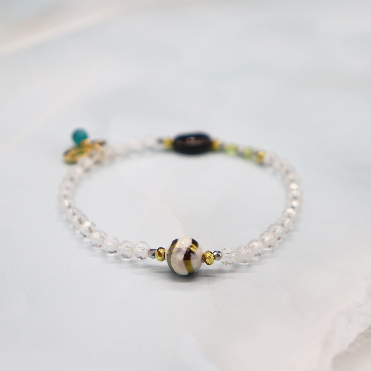 【Green Light Sunshine】水紋天珠×ペリドット×オニキス×水晶 ブレスレット