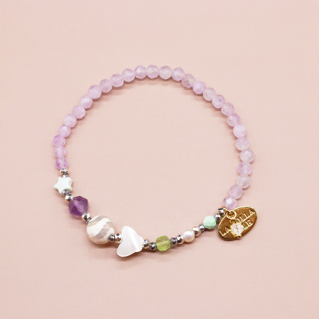 【Green Light Sunshine】水紋天珠×ペリドット×ラベンダーアメシスト×マザーオブパール ブレスレット