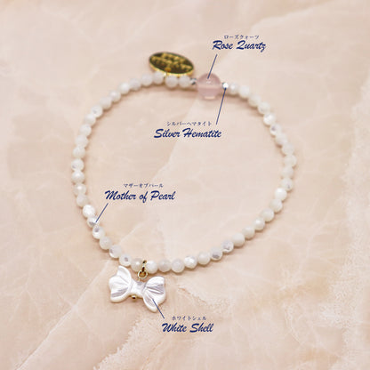 【Blooming Pink Roses】ローズクォーツ×マザーオブパール×ホワイトシェル ブレスレット