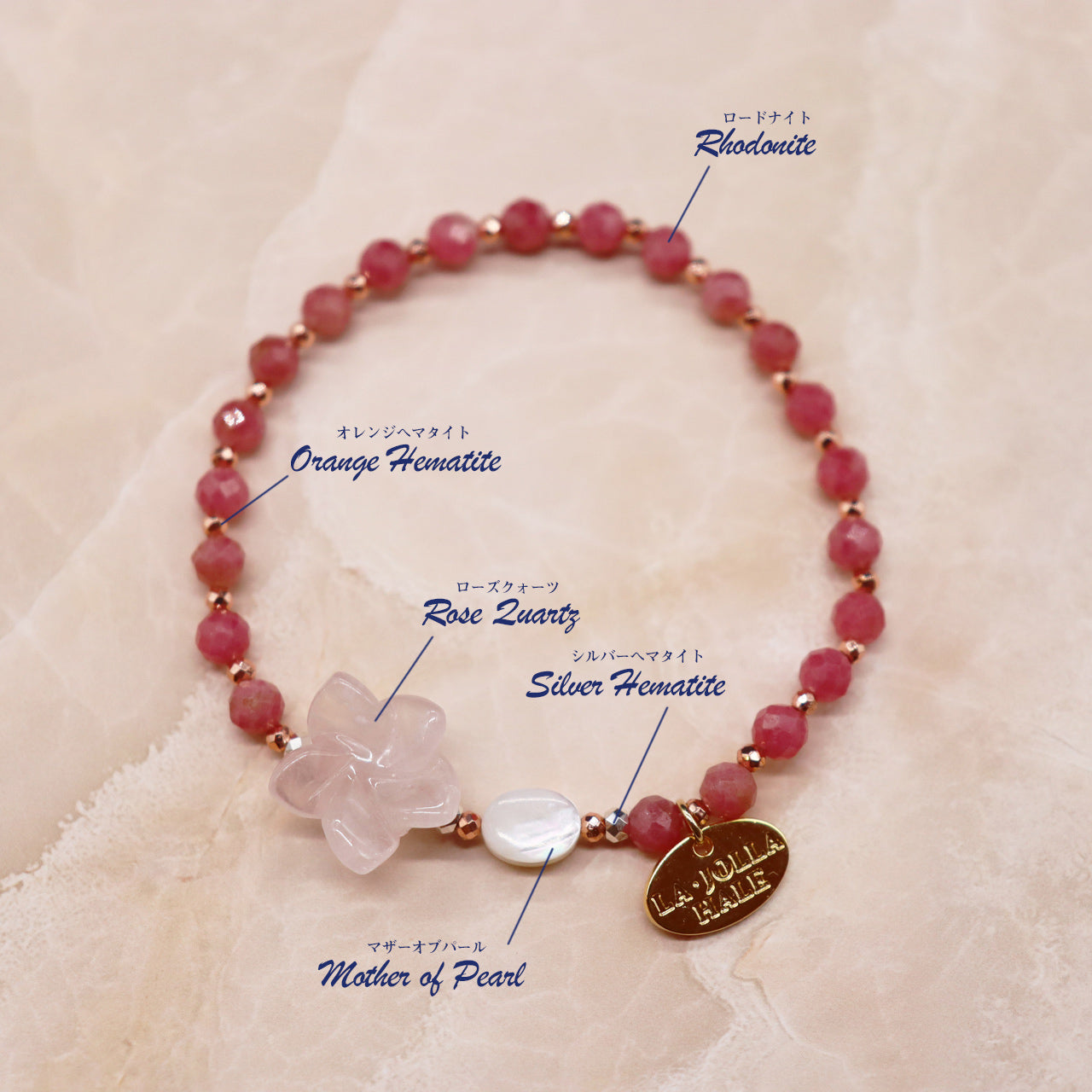 【Blooming Pink Roses】ローズクォーツ×ロードナイト×マザーオブパール ブレスレット
