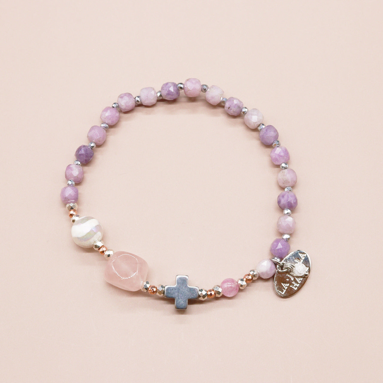 【Blooming Pink Roses】水紋天珠×ローズクォーツ×レピドライト ブレスレット