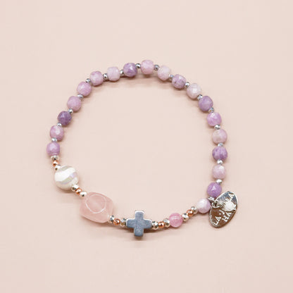 【Blooming Pink Roses】水紋天珠×ローズクォーツ×レピドライト ブレスレット