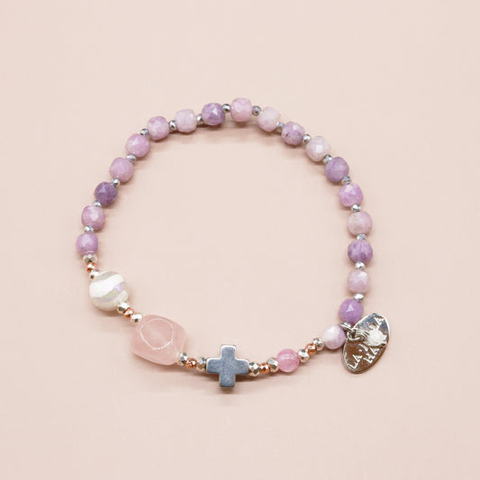 【Blooming Pink Roses】水紋天珠×ローズクォーツ×レピドライト ブレスレット