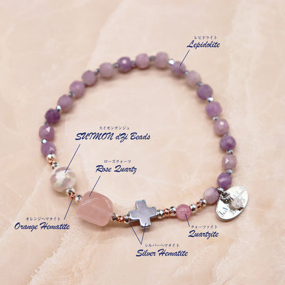 【Blooming Pink Roses】水紋天珠×ローズクォーツ×レピドライト ブレスレット