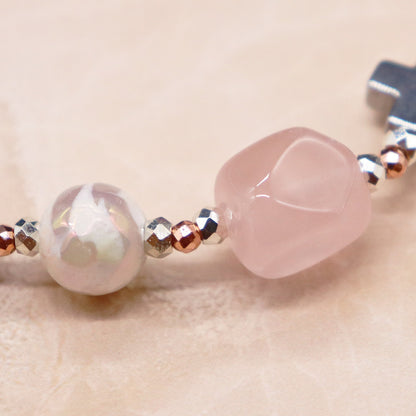 【Blooming Pink Roses】水紋天珠×ローズクォーツ×レピドライト ブレスレット