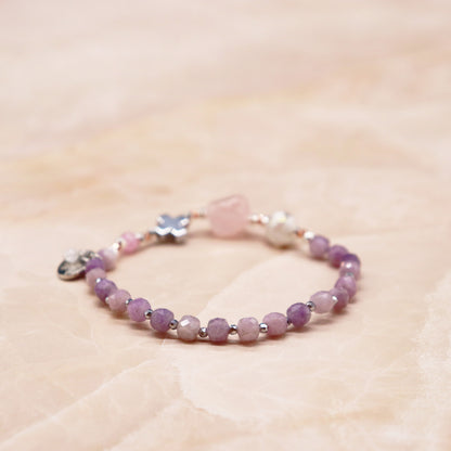 【Blooming Pink Roses】水紋天珠×ローズクォーツ×レピドライト ブレスレット