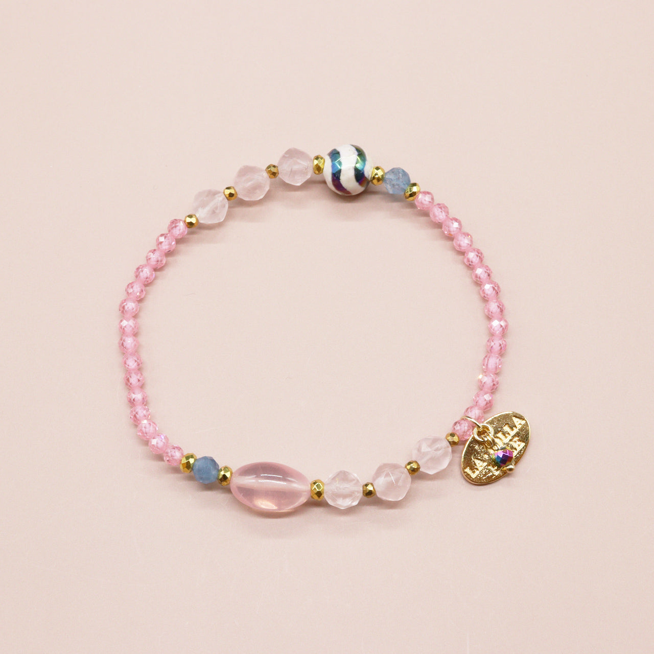 【Blooming Pink Roses】水紋天珠×ローズクォーツ×ジルコニア×アクアマリン ブレスレット