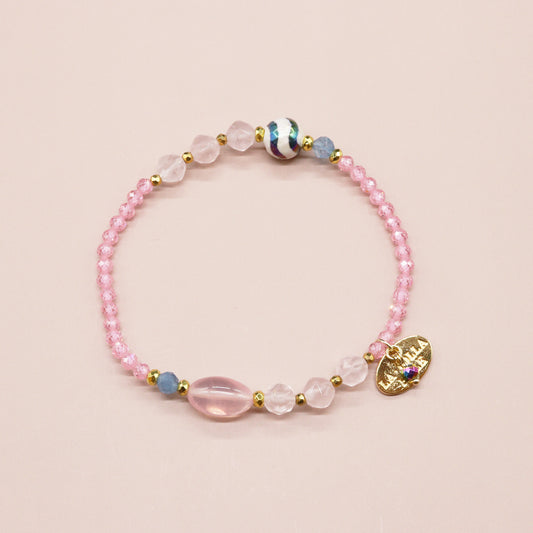 【Blooming Pink Roses】水紋天珠×ローズクォーツ×ジルコニア×アクアマリン ブレスレット