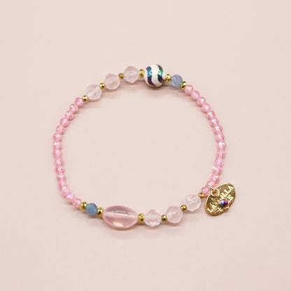 【Blooming Pink Roses】水紋天珠×ローズクォーツ×ジルコニア×アクアマリン ブレスレット