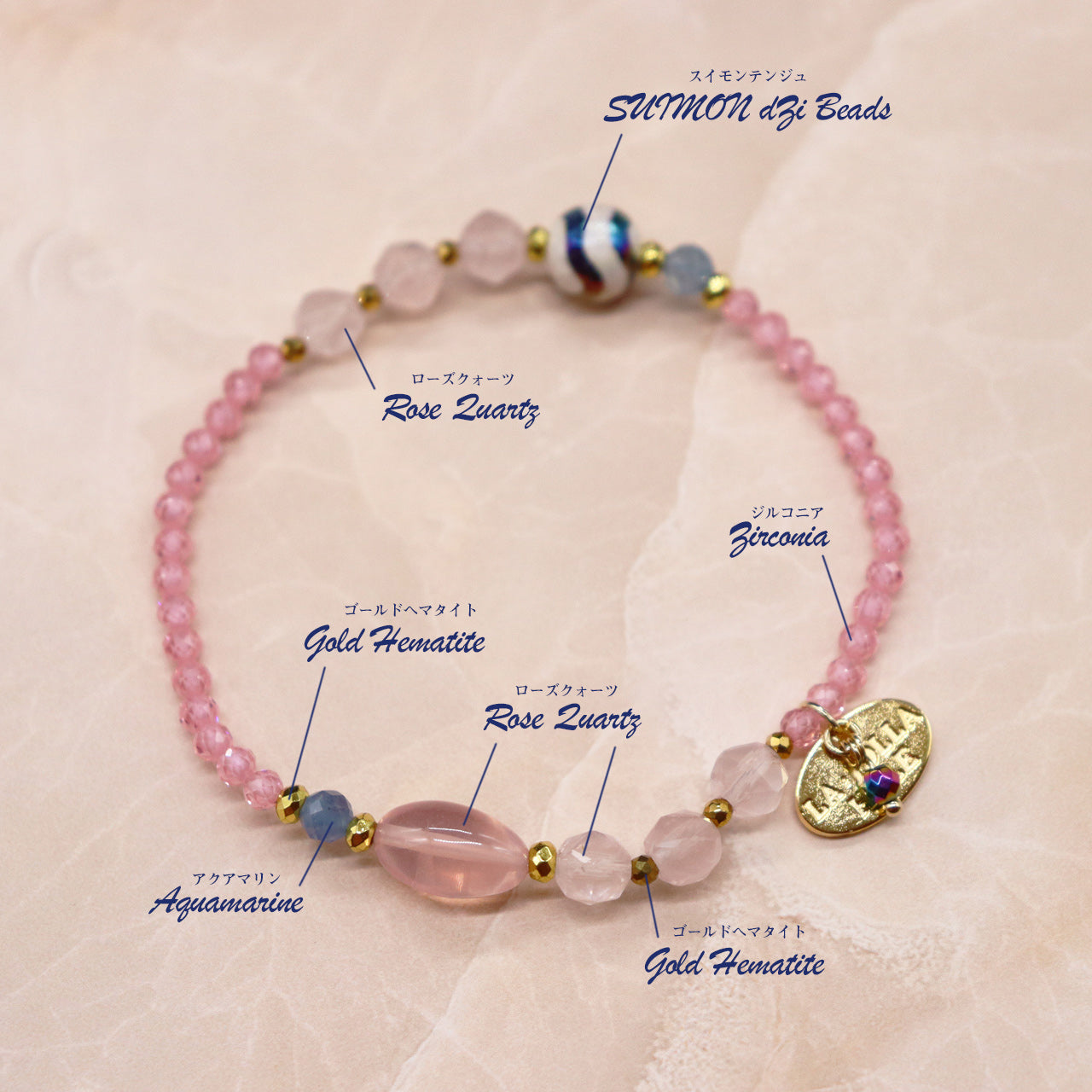 【Blooming Pink Roses】水紋天珠×ローズクォーツ×ジルコニア×アクアマリン ブレスレット
