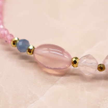 【Blooming Pink Roses】水紋天珠×ローズクォーツ×ジルコニア×アクアマリン ブレスレット