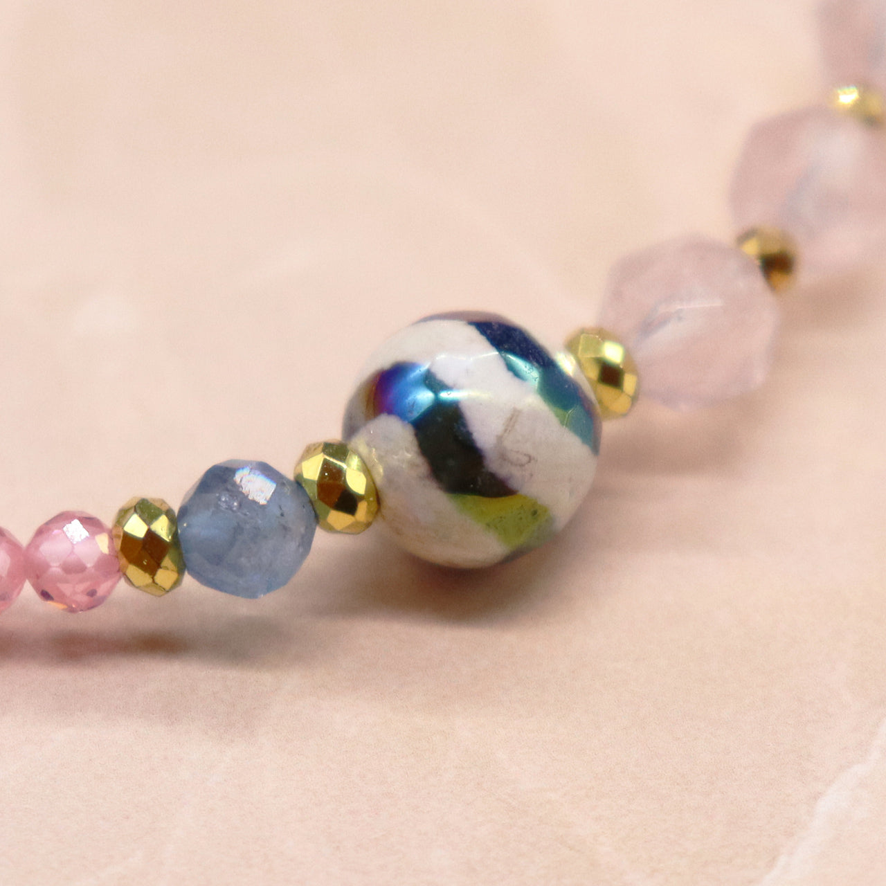 【Blooming Pink Roses】水紋天珠×ローズクォーツ×ジルコニア×アクアマリン ブレスレット