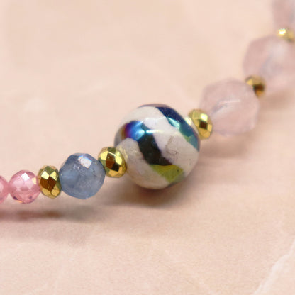 【Blooming Pink Roses】水紋天珠×ローズクォーツ×ジルコニア×アクアマリン ブレスレット