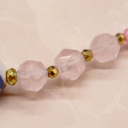 【Blooming Pink Roses】水紋天珠×ローズクォーツ×ジルコニア×アクアマリン ブレスレット