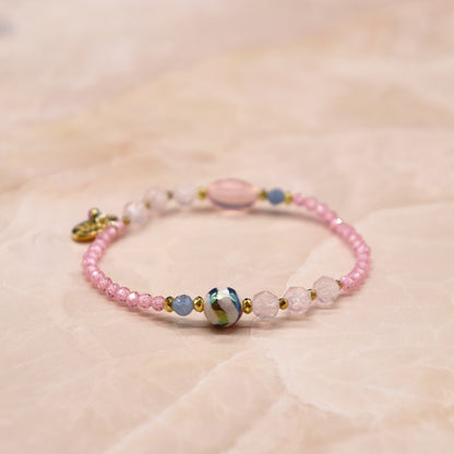 【Blooming Pink Roses】水紋天珠×ローズクォーツ×ジルコニア×アクアマリン ブレスレット