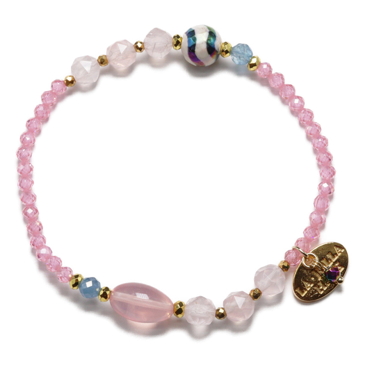 【Blooming Pink Roses】水紋天珠×ローズクォーツ×ジルコニア×アクアマリン ブレスレット