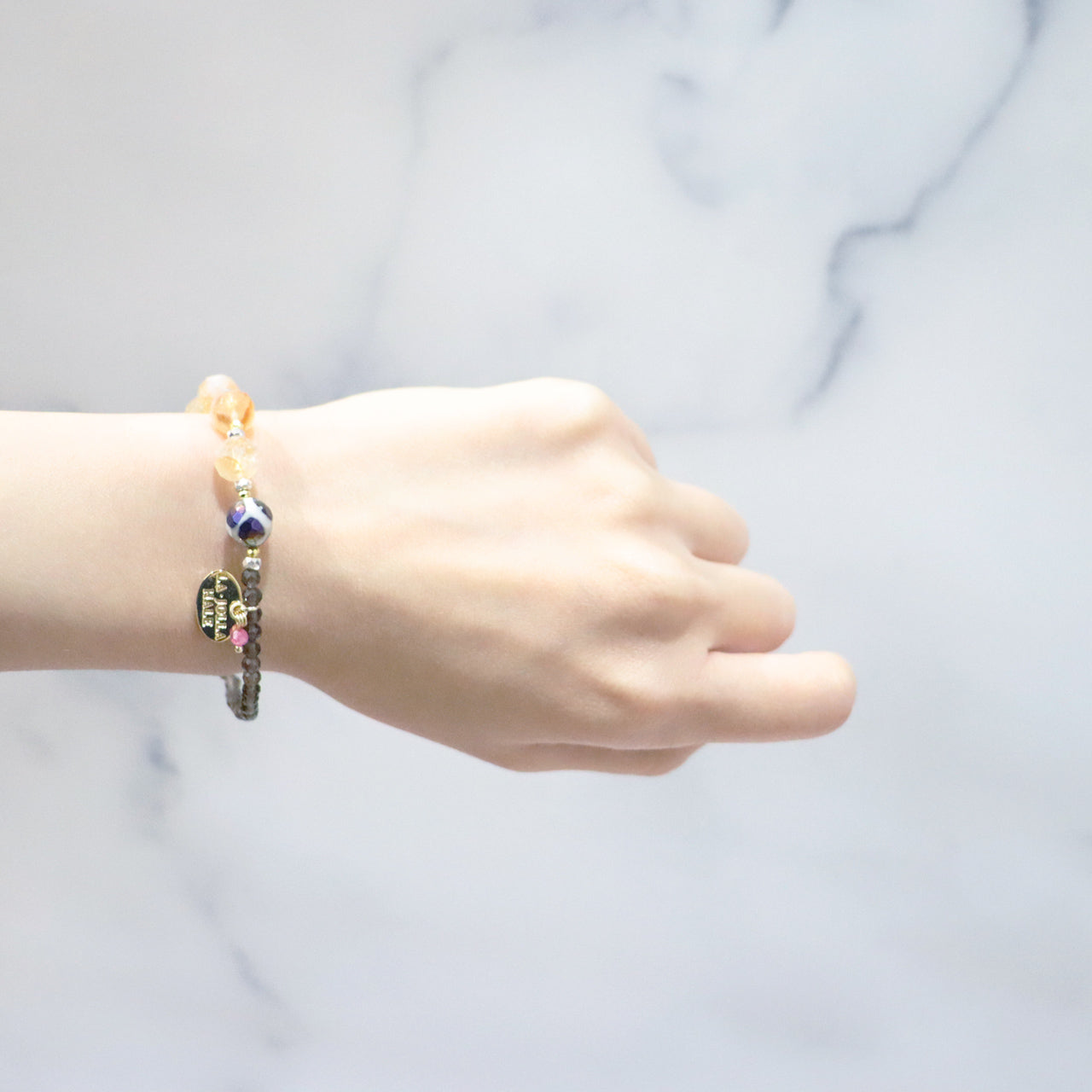 【Like a Honey Candy】亀甲天珠×シトリン×パール×スモーキークォーツ ブレスレット